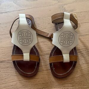 Brown and Cream Leather Tory Burch Sandals